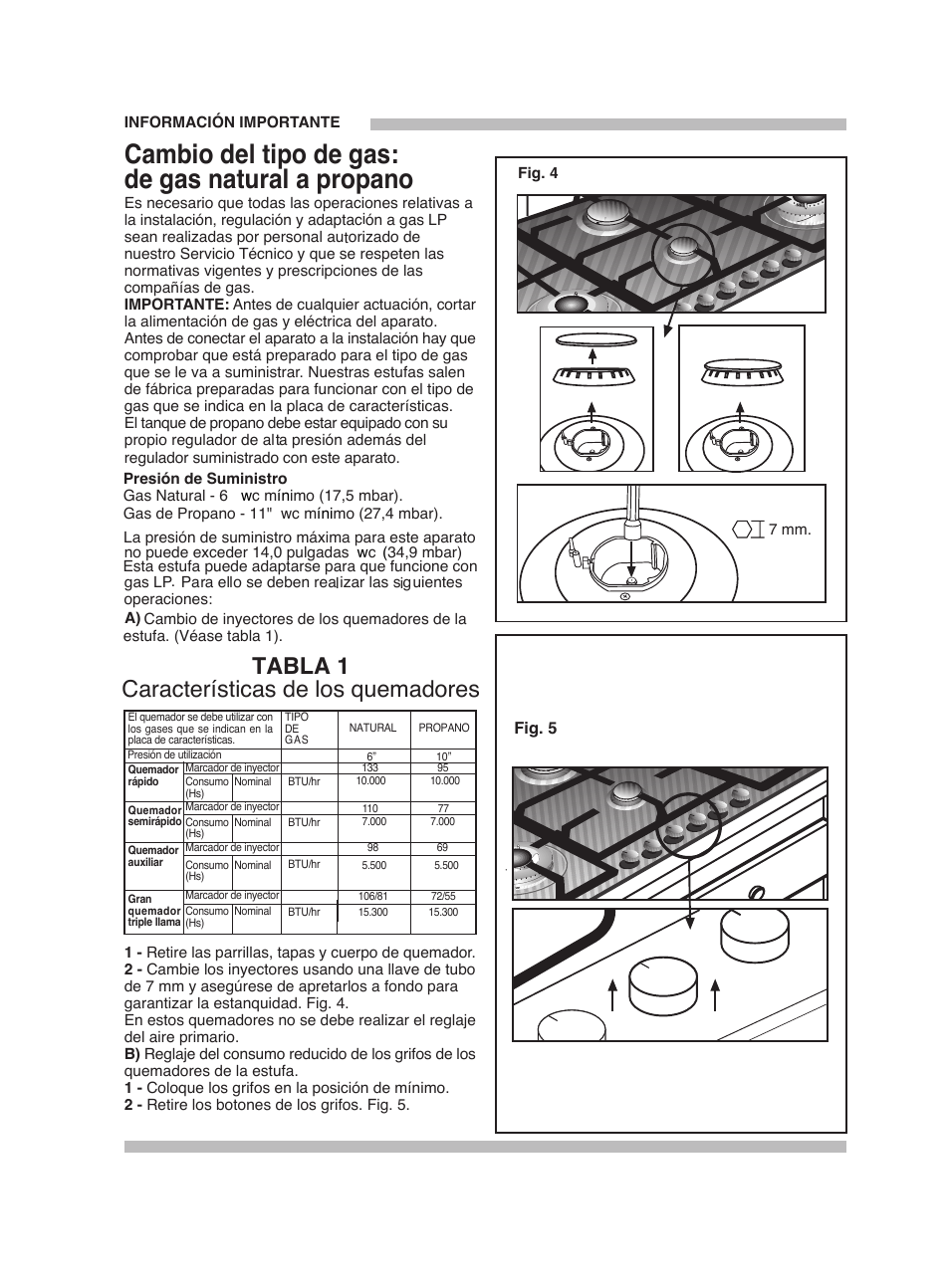 Cambio del tipo de gas: de gas natural a propano, Tabla 1 características de los quemadores | Bosch PGL985UC User Manual | Page 63 / 65