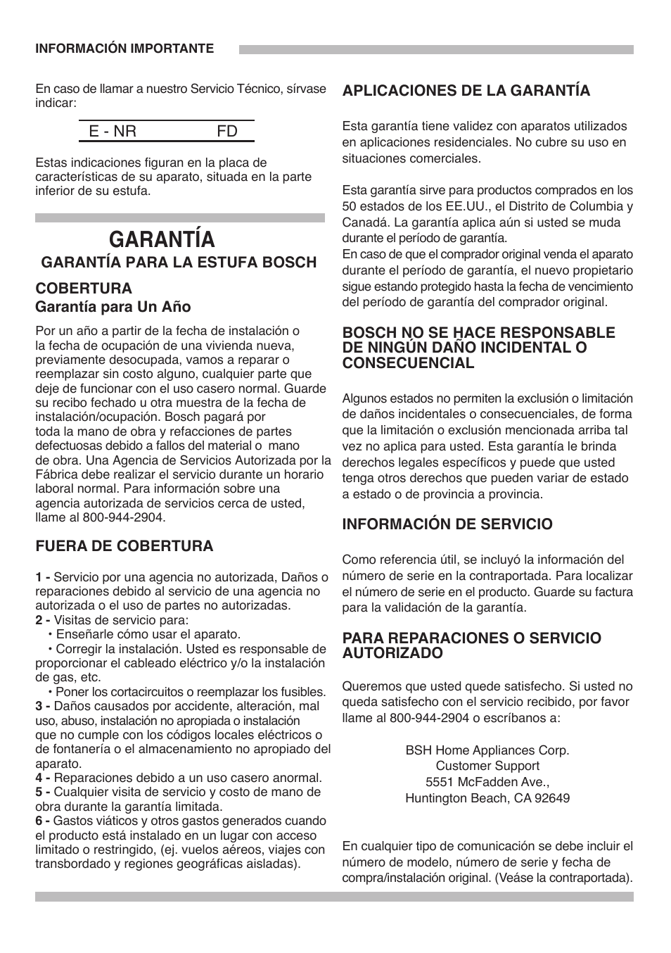 Garantía | Bosch PGL985UC User Manual | Page 65 / 65