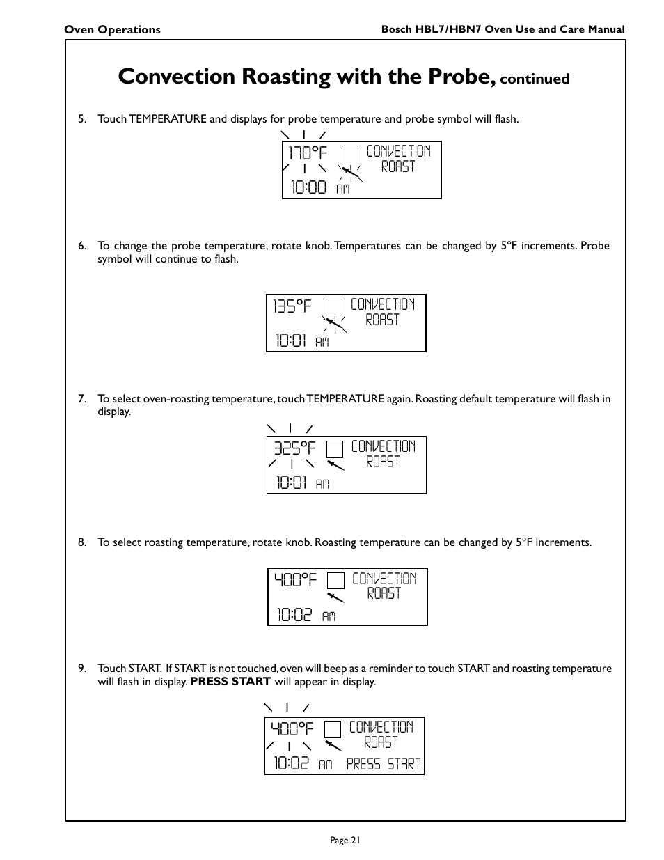 Convection roasting with the probe, 170ºf, 135ºf | 400ºf | Bosch HBL 75 User Manual | Page 23 / 44