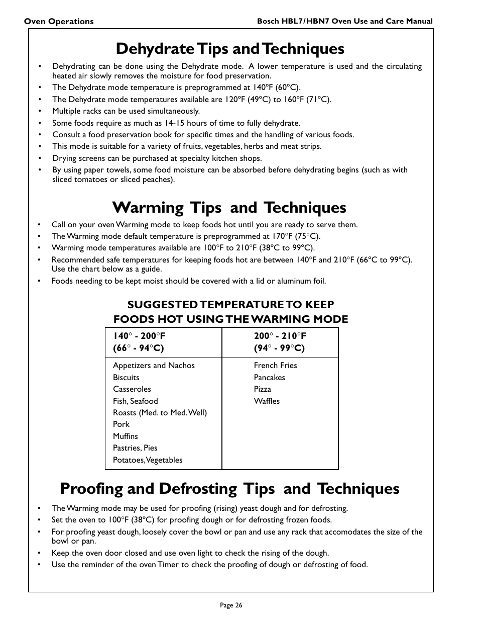 Warming tips and techniques, Dehydrate tips and techniques, Proofing and defrosting tips and techniques | Bosch HBL 75 User Manual | Page 28 / 44