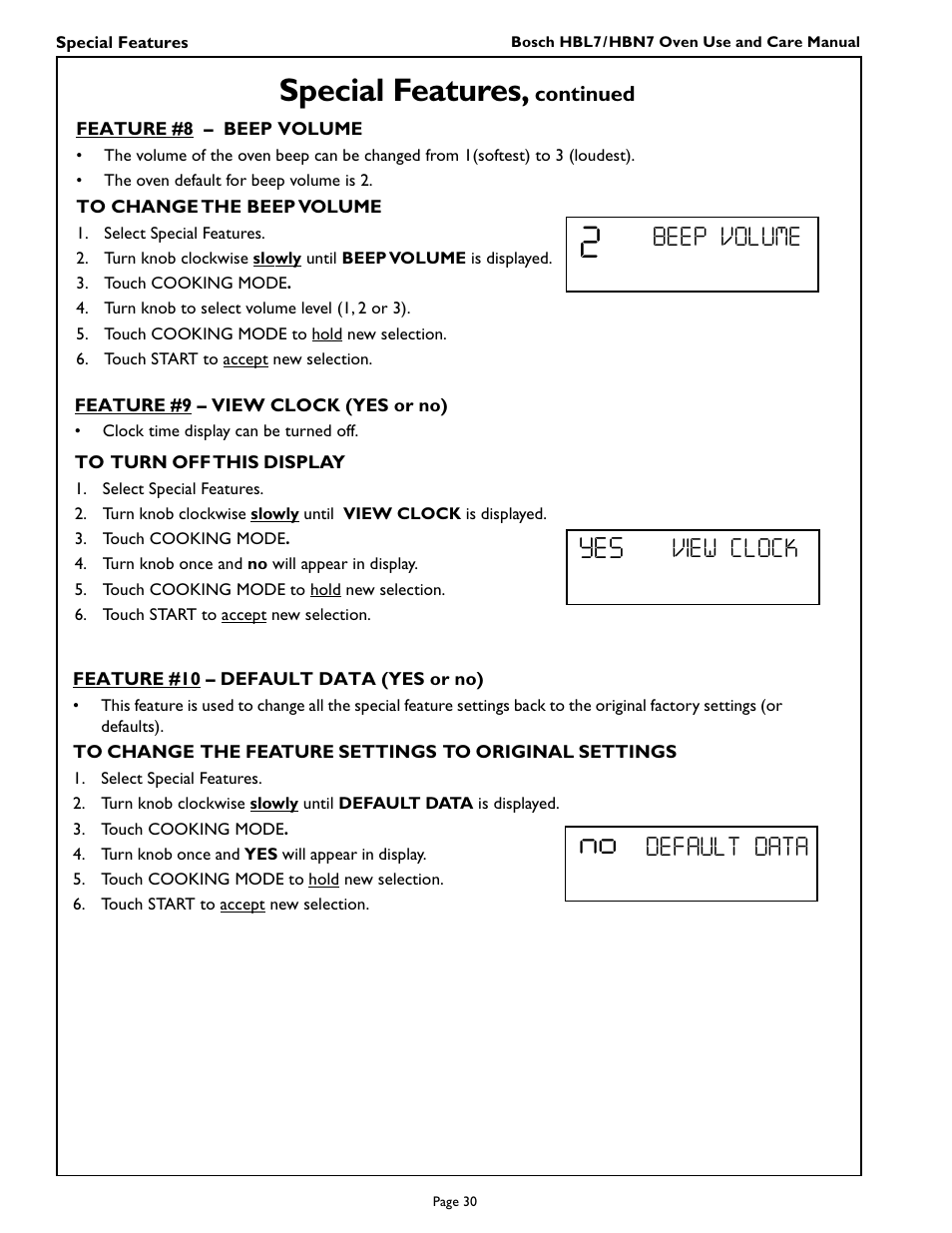 Special features, Beep volume, View clock | Default data | Bosch HBL 75 User Manual | Page 32 / 44