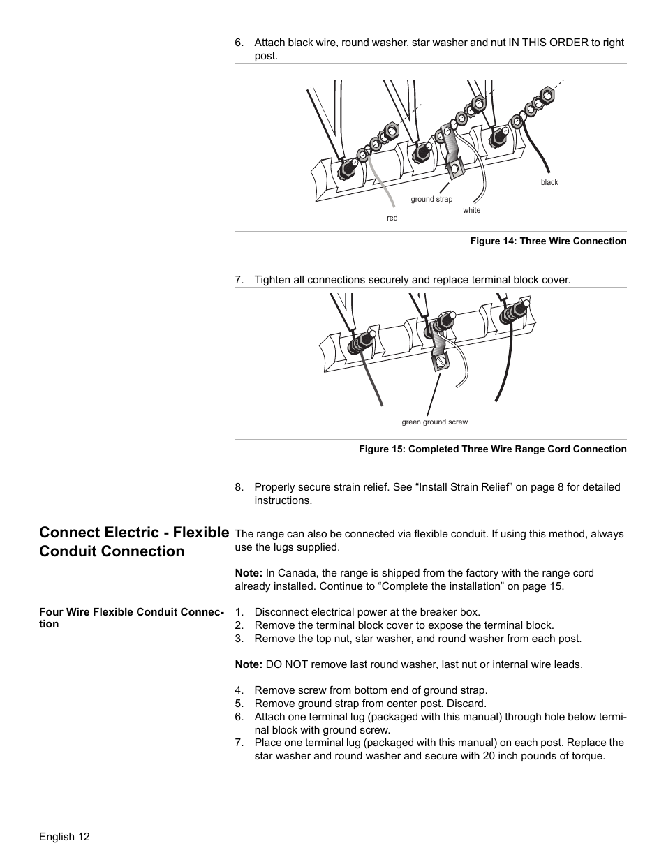 Connect electric - flexible conduit connection, Four wire flexible conduit connection, Disconnect electrical power at the breaker box | Remove screw from bottom end of ground strap, Remove ground strap from center post. discard | Bosch BOSCH OVEN User Manual | Page 14 / 56