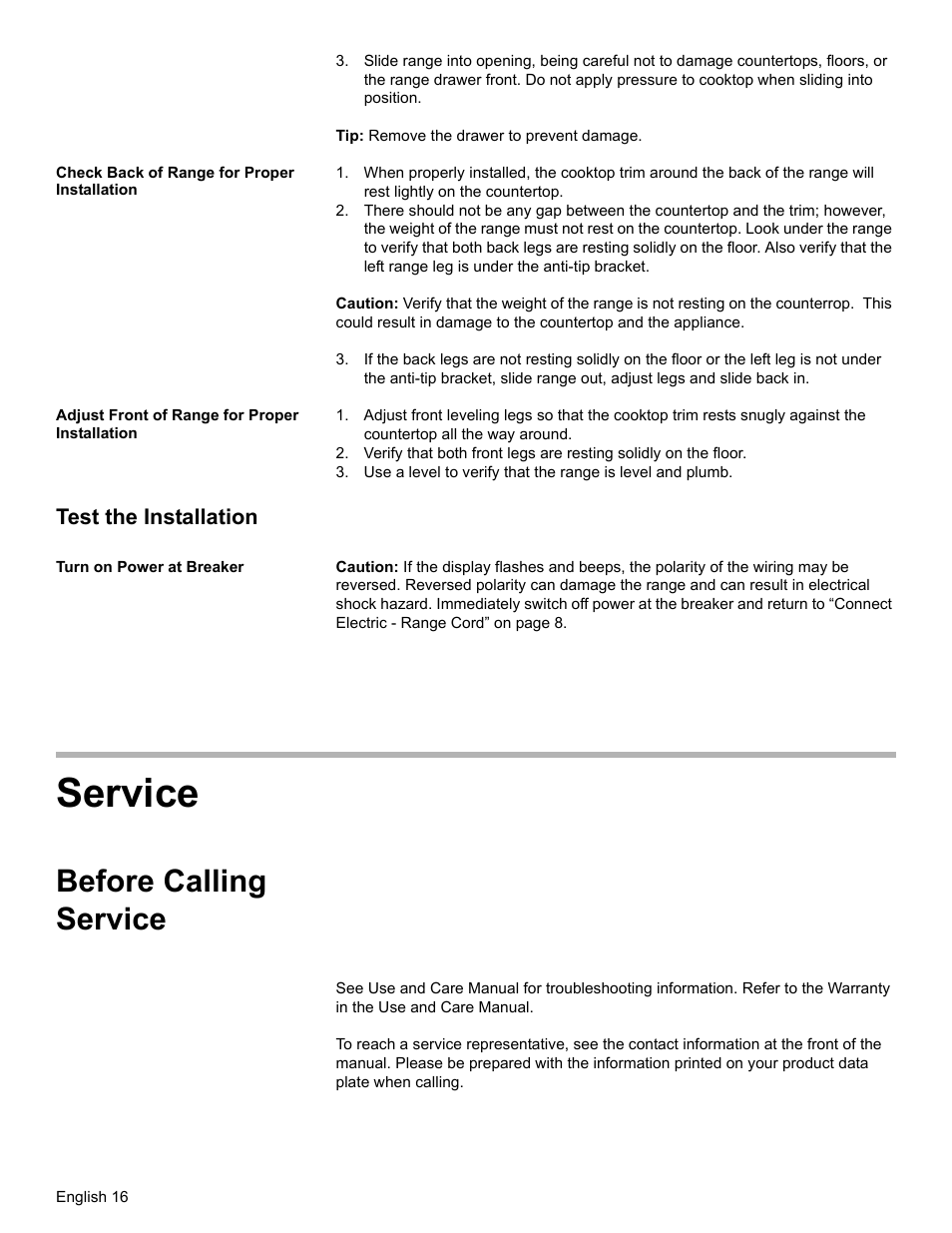 Check back of range for proper installation, Adjust front of range for proper installation, Test the installation | Turn on power at breaker, Before calling service, Service | Bosch BOSCH OVEN User Manual | Page 18 / 56