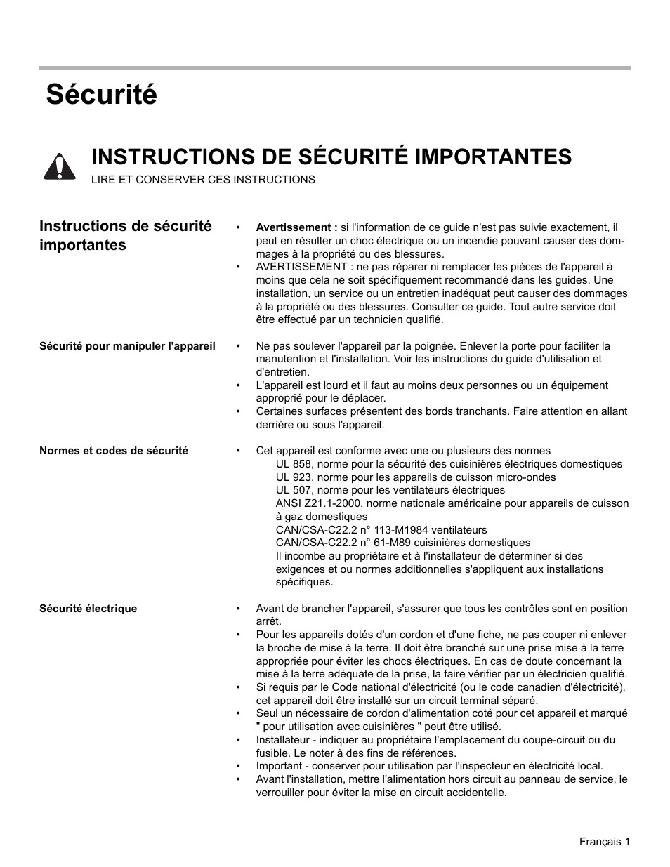 Instructions de sécurité importantes, Sécurité pour manipuler l'appareil, Normes et codes de sécurité | Sécurité électrique, Sécurité | Bosch BOSCH OVEN User Manual | Page 21 / 56