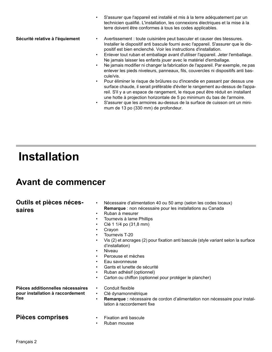 Sécurité relative à l'équiement, Avant de commencer, Outils et pièces nécessaires | Pièces comprises, Installation, Outils et pièces néces- saires | Bosch BOSCH OVEN User Manual | Page 22 / 56