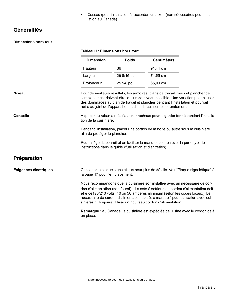 Généralités, Dimensions hors tout, Tableau 1: dimensions hors tout | Niveau, Conseils, Préparation, Exigences électriques | Bosch BOSCH OVEN User Manual | Page 23 / 56