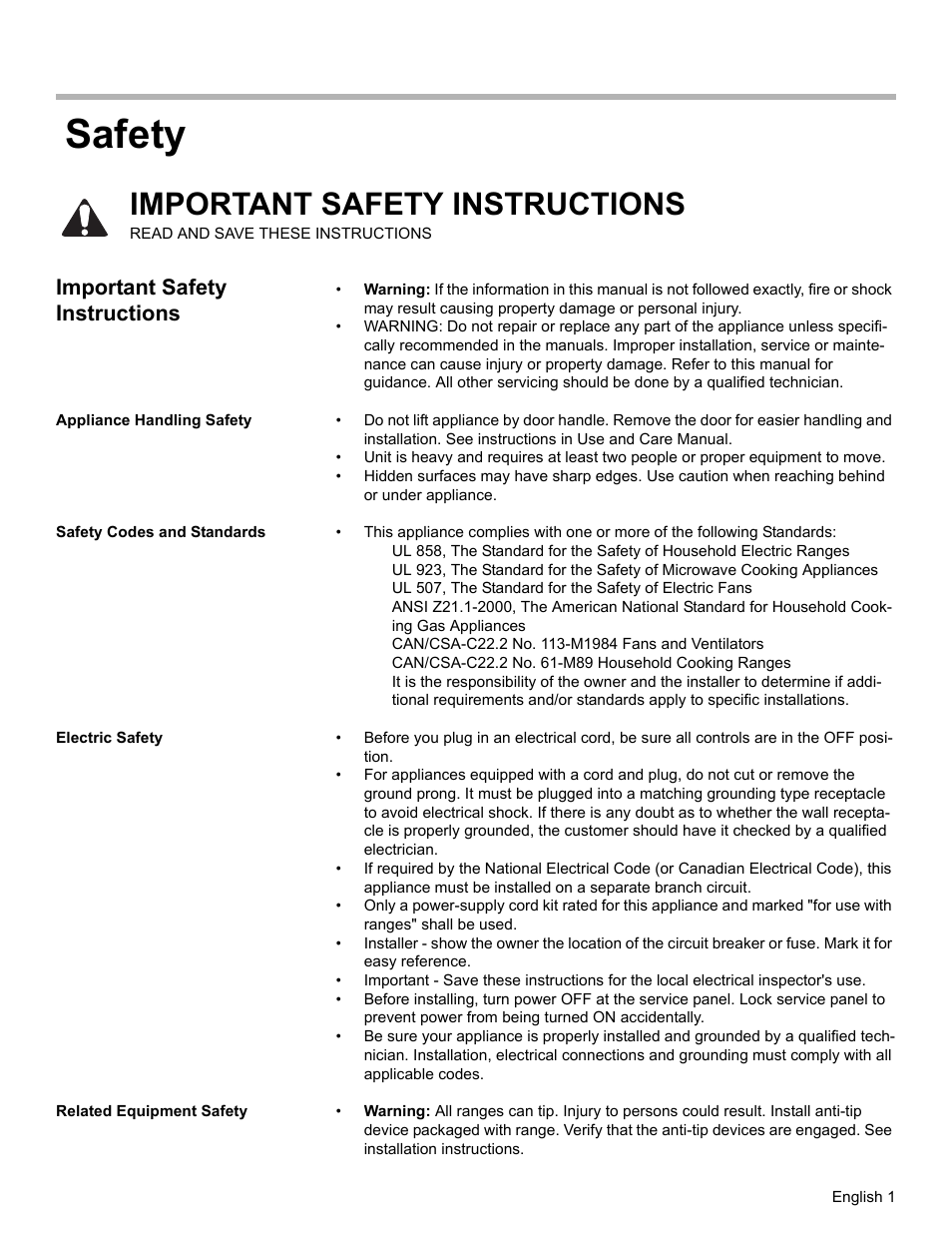 Important safety instructions, Appliance handling safety, Safety codes and standards | Electric safety, Related equipment safety, Safety | Bosch BOSCH OVEN User Manual | Page 3 / 56