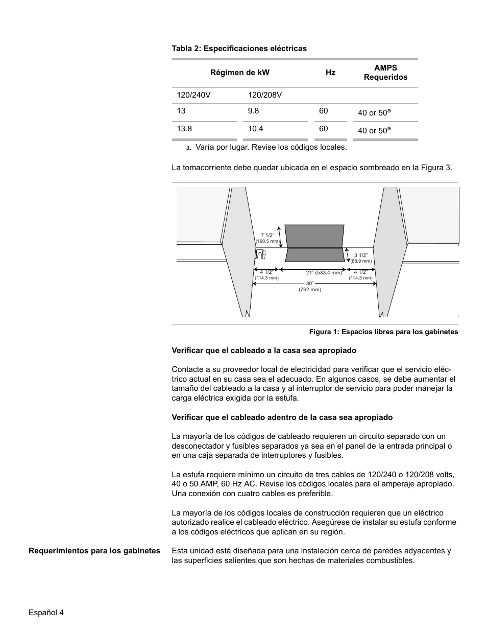 Tabla 2: especificaciones eléctricas, Requerimientos para los gabinetes | Bosch BOSCH OVEN User Manual | Page 42 / 56