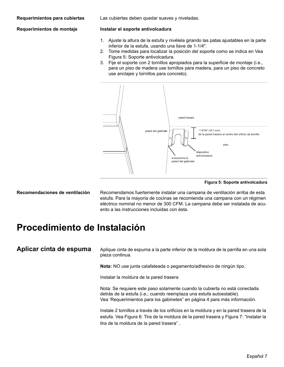 Requerimientos para cubiertas, Requerimientos de montaje, Recomendaciones de ventilación | Procedimiento de instalación, Aplicar cinta de espuma | Bosch BOSCH OVEN User Manual | Page 45 / 56