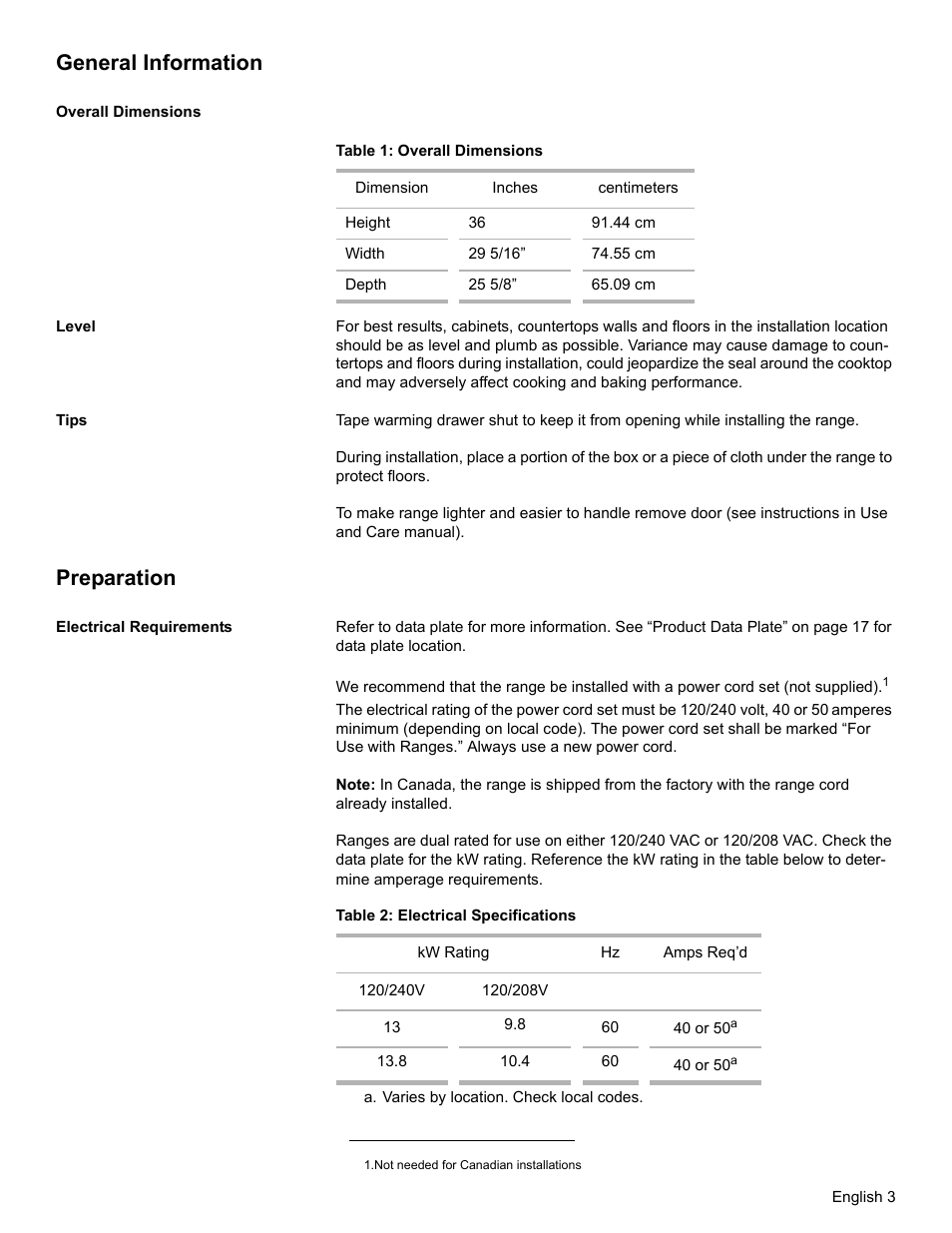 General information, Overall dimensions, Table 1: overall dimensions | Level, Tips, Preparation, Electrical requirements, Table 2: electrical specifications | Bosch BOSCH OVEN User Manual | Page 5 / 56