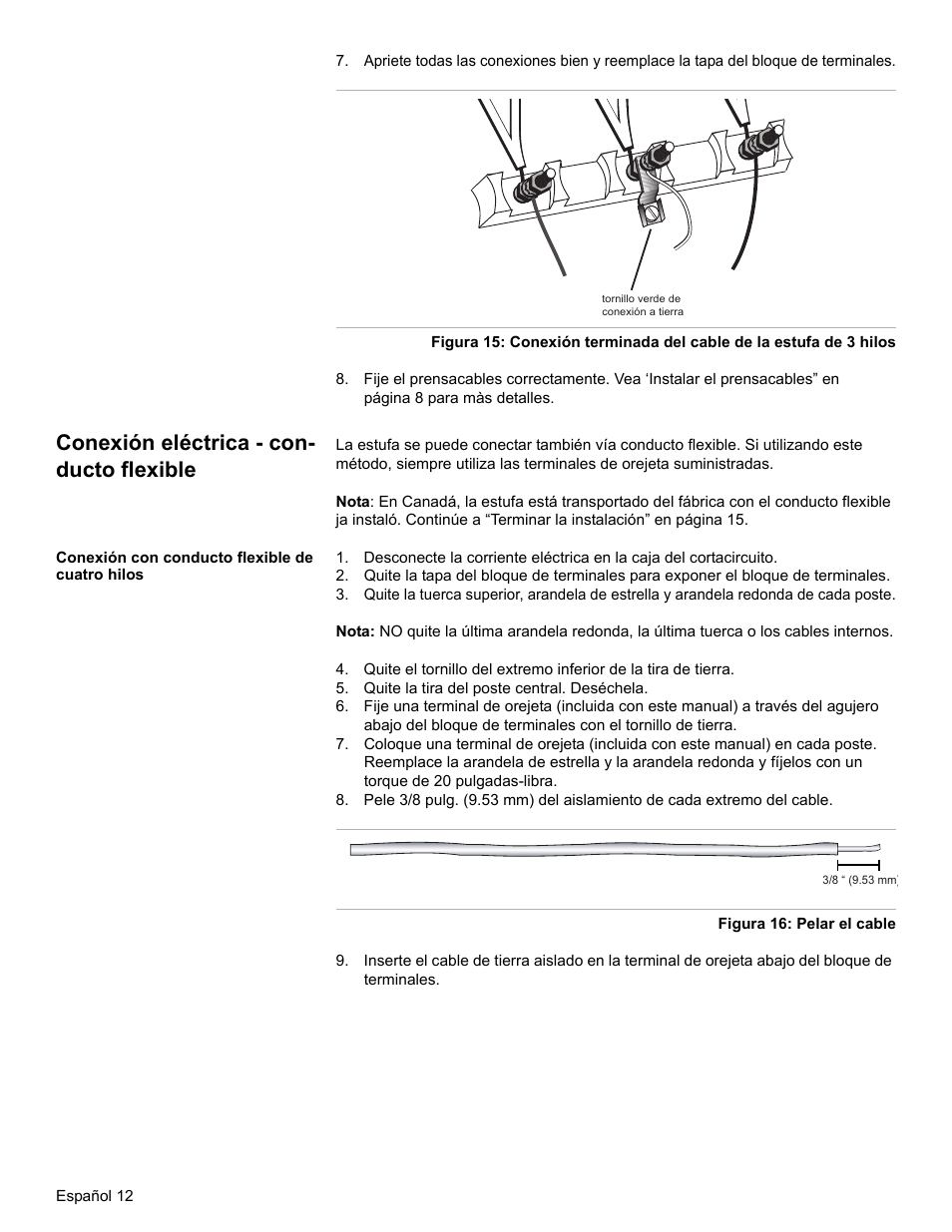 Conexión eléctrica - conducto flexible, Conexión con conducto flexible de cuatro hilos, Quite la tira del poste central. deséchela | Conexión eléctrica - con- ducto flexible | Bosch BOSCH OVEN User Manual | Page 50 / 56