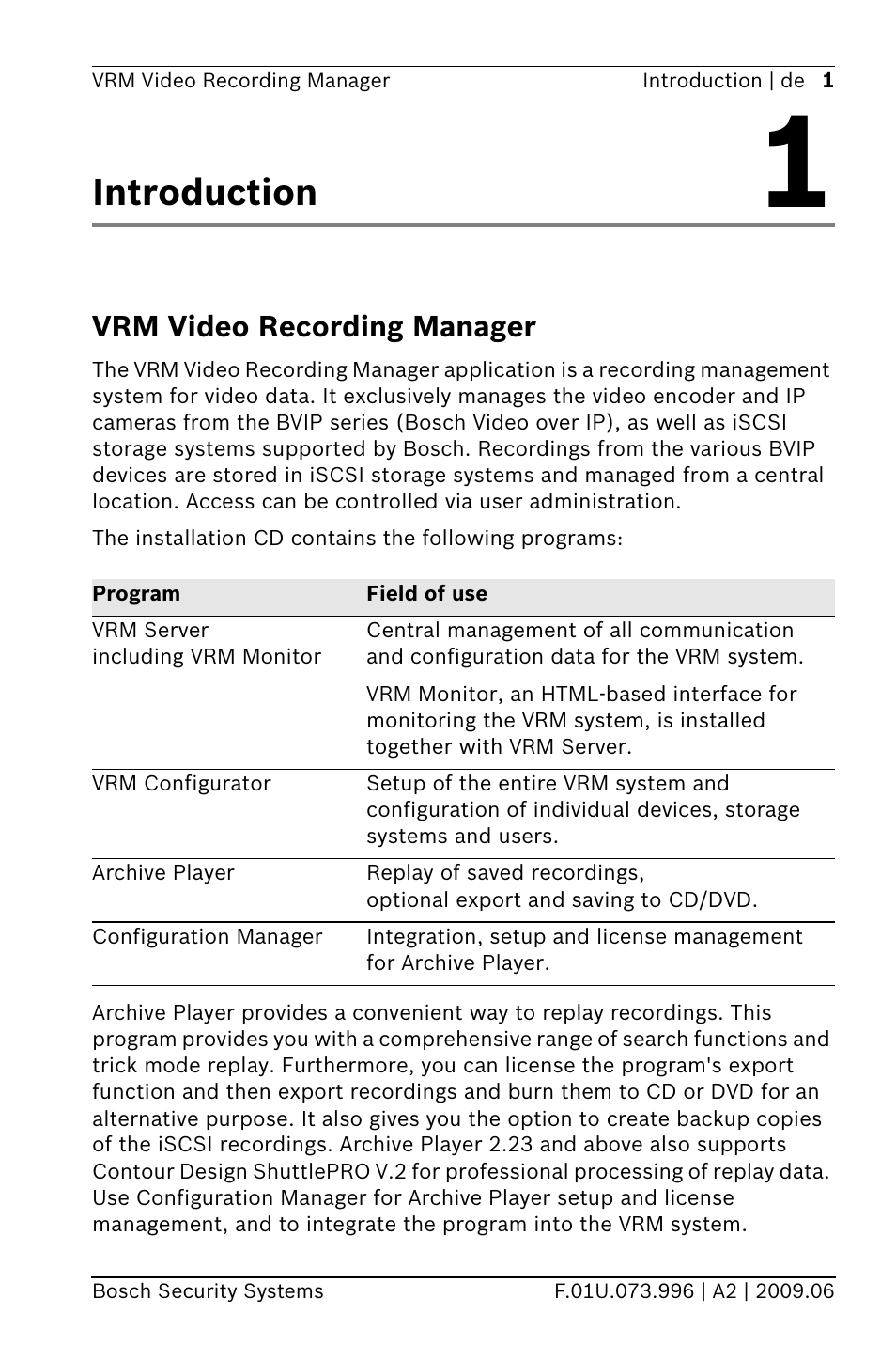 Introduction 1, Vrm video recording manager, Kapitel 1 | Introduction vrm video recording manager, Introduction | Bosch 2 User Manual | Page 3 / 16