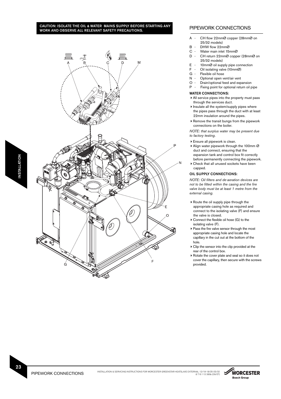 Pipework connections | Bosch 25/32kW User Manual | Page 24 / 52