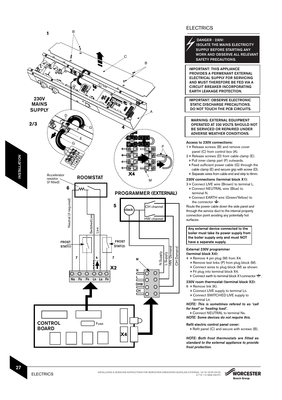 Electrics 1, Roomstat, Programmer (external) 5 | Control board | Bosch 25/32kW User Manual | Page 28 / 52