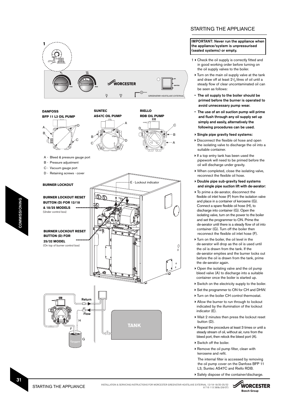 Tank, Starting the appliance | Bosch 25/32kW User Manual | Page 32 / 52