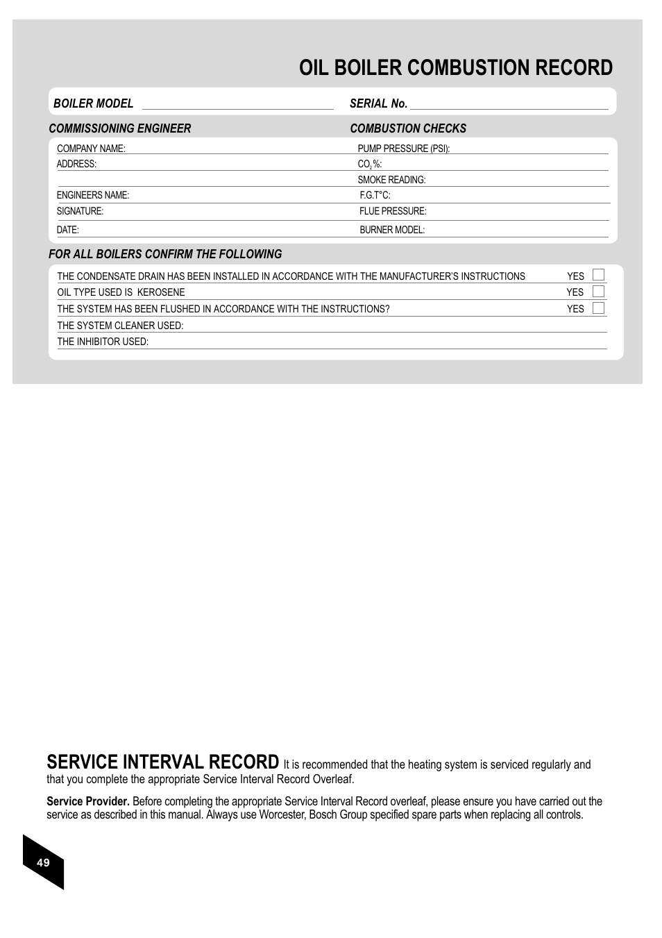 Oil boiler combustion record, Service interval record | Bosch 25/32kW User Manual | Page 50 / 52