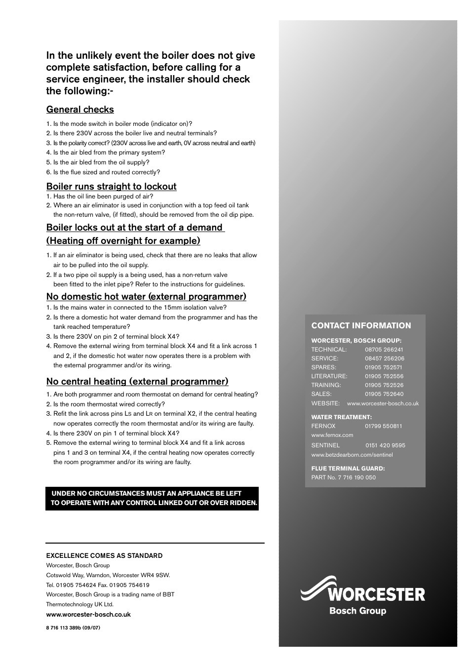 General checks, Boiler runs straight to lockout, No domestic hot water (external programmer) | No central heating (external programmer) | Bosch 25/32kW User Manual | Page 52 / 52