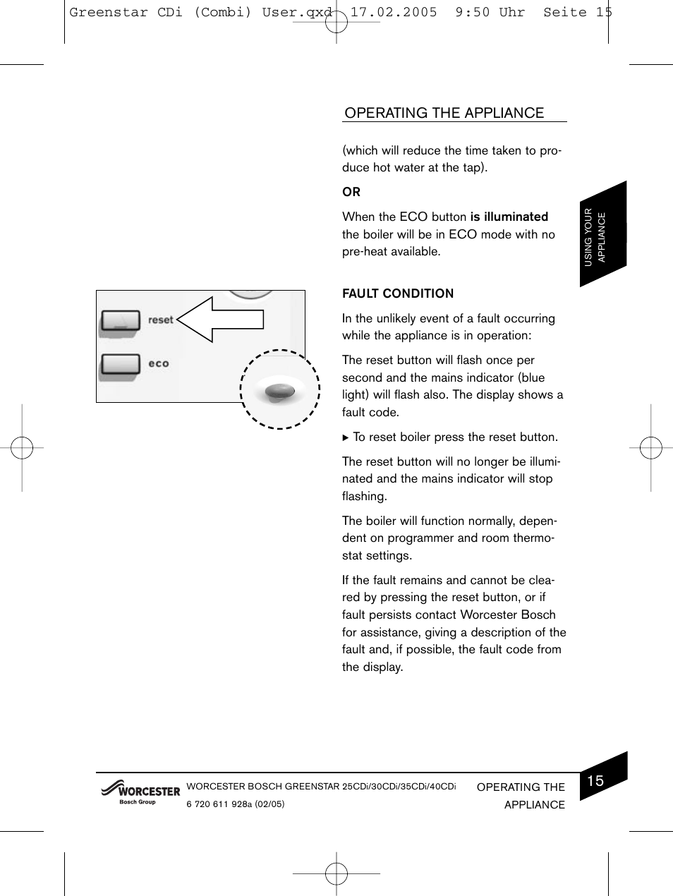 Operating the appliance | Bosch GREENSTAR CDI C13 User Manual | Page 15 / 24