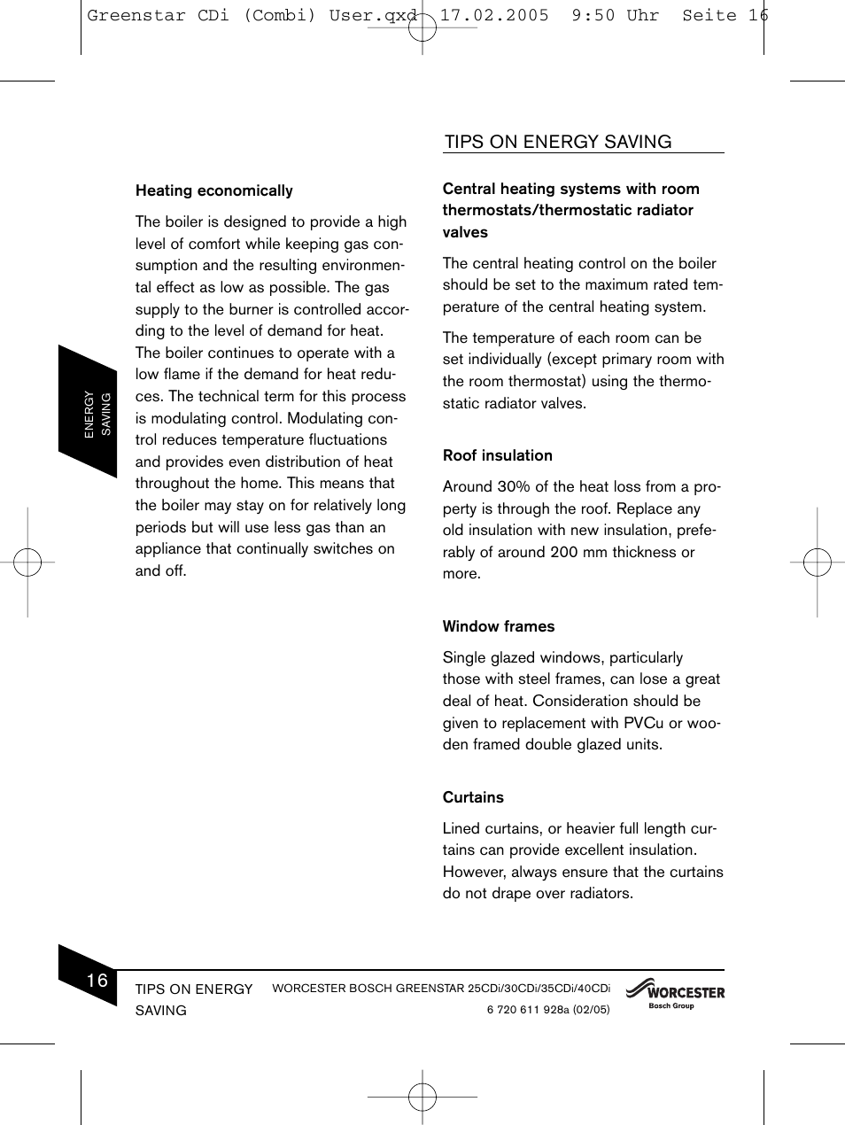 Tips on energy saving | Bosch GREENSTAR CDI C13 User Manual | Page 16 / 24