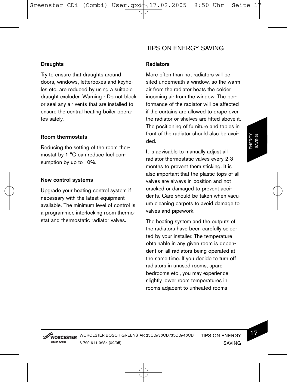 Tips on energy saving | Bosch GREENSTAR CDI C13 User Manual | Page 17 / 24