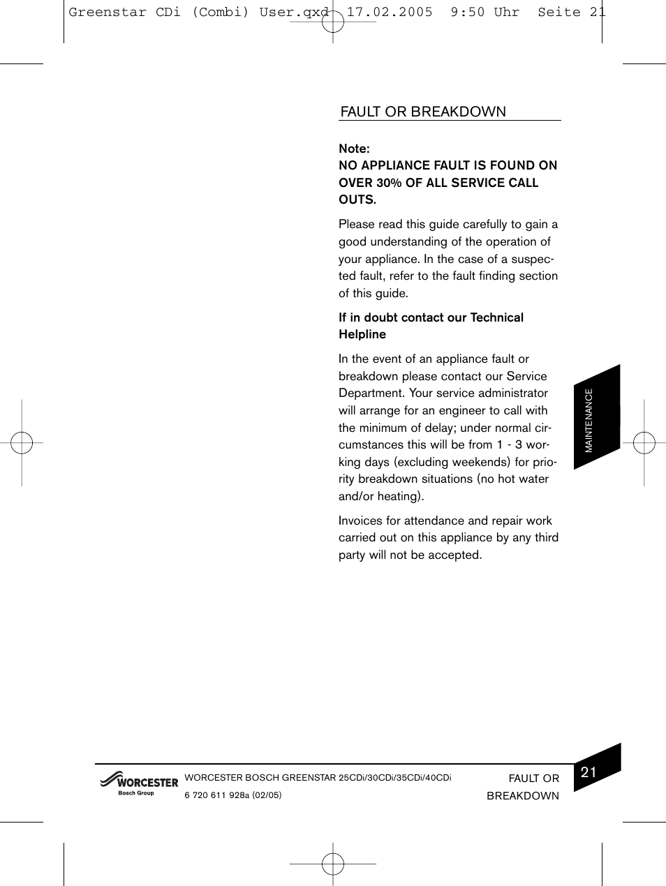 Fault or breakdown | Bosch GREENSTAR CDI C13 User Manual | Page 21 / 24