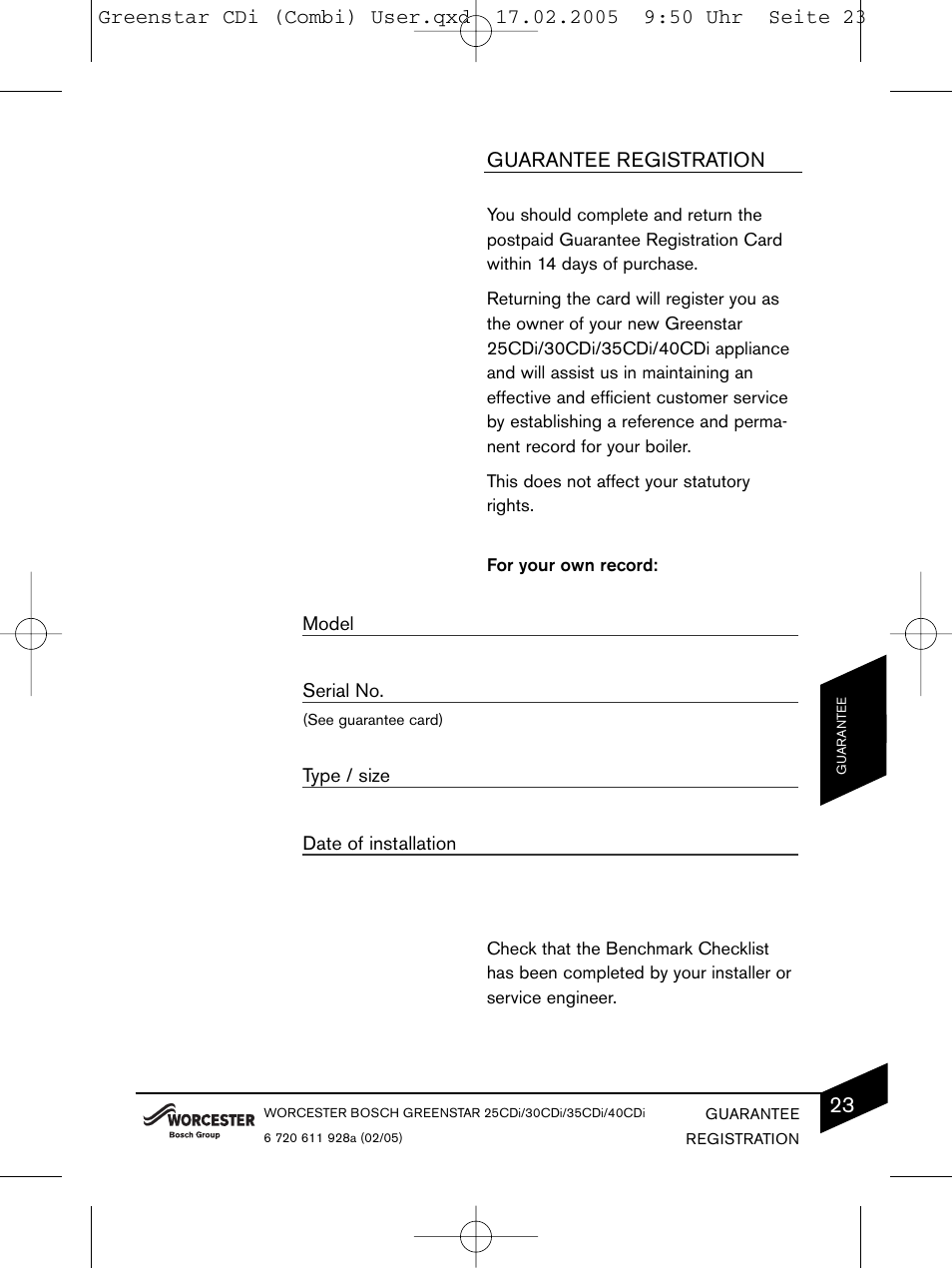 Guarantee registration | Bosch GREENSTAR CDI C13 User Manual | Page 23 / 24