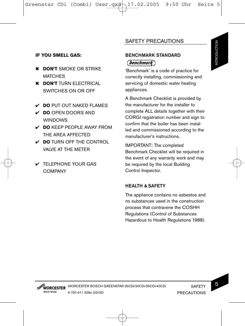 Safety precautions | Bosch GREENSTAR CDI C13 User Manual | Page 5 / 24