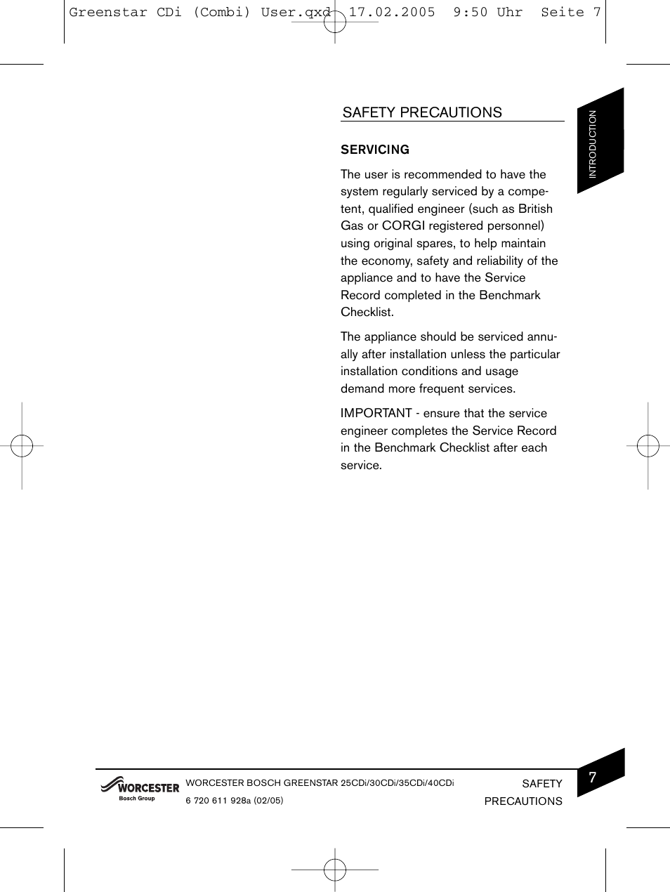 Safety precautions | Bosch GREENSTAR CDI C13 User Manual | Page 7 / 24