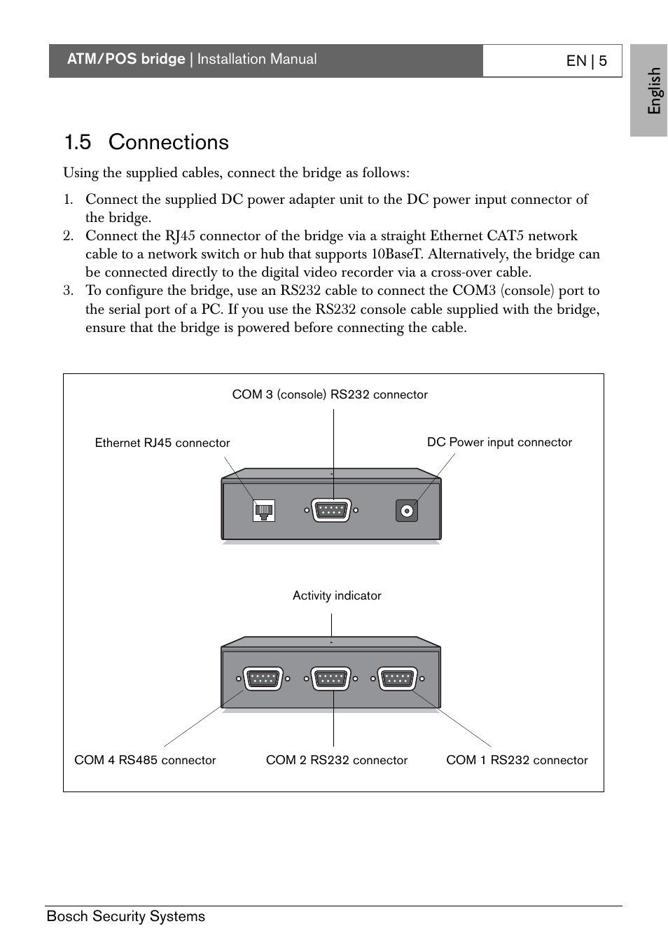 5 connections, English | Bosch ATM/POS Bridge User Manual | Page 11 / 22