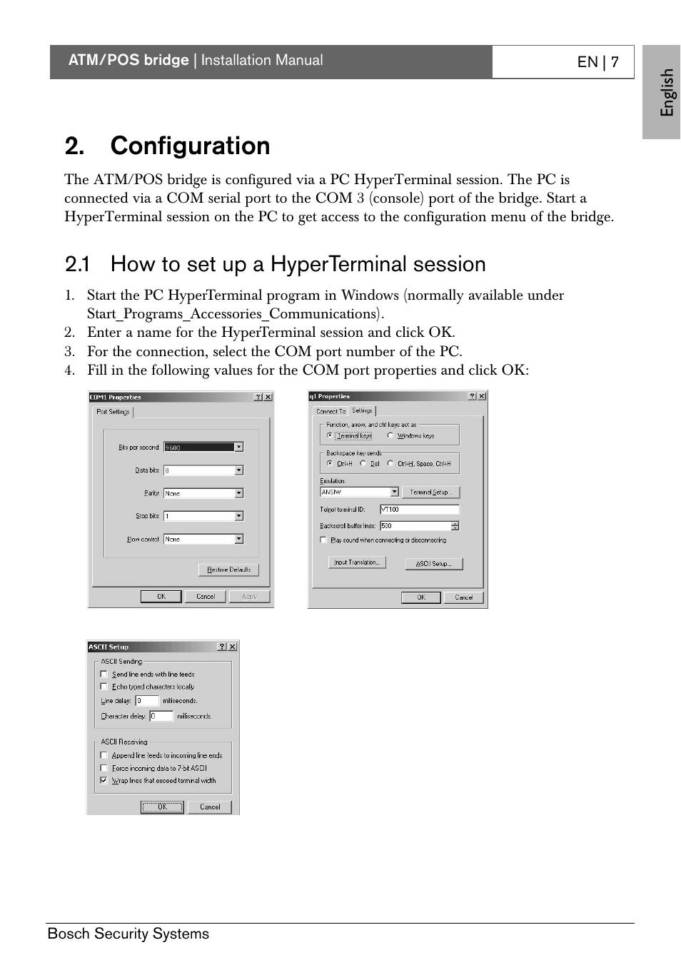 Configuration, 1 how to set up a hyperterminal session | Bosch ATM/POS Bridge User Manual | Page 13 / 22