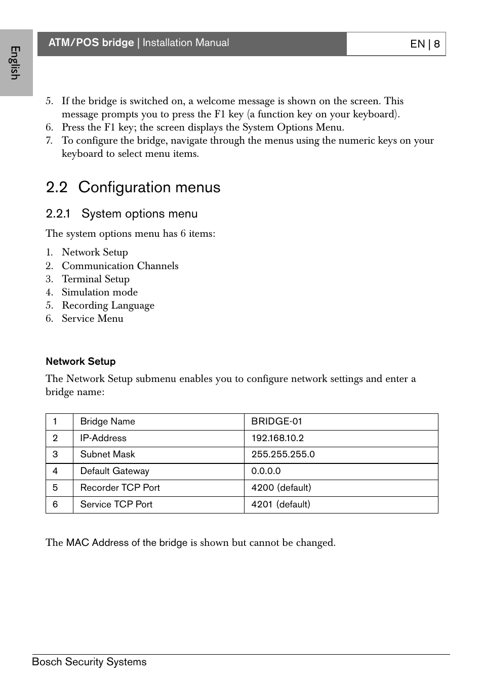 2 configuration menus, Eng lish, 1 system options menu | Bosch ATM/POS Bridge User Manual | Page 14 / 22