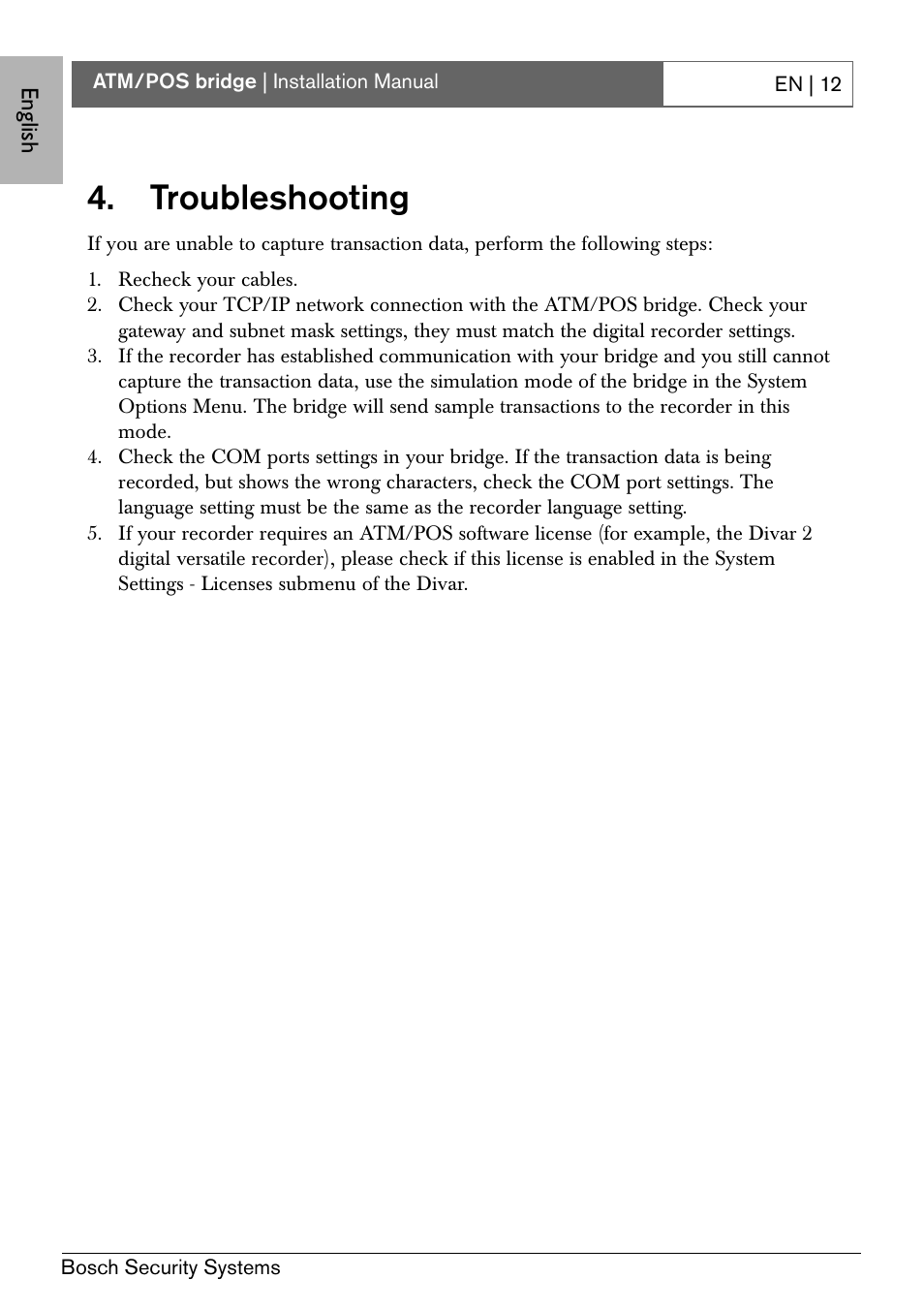 Troubleshooting | Bosch ATM/POS Bridge User Manual | Page 18 / 22