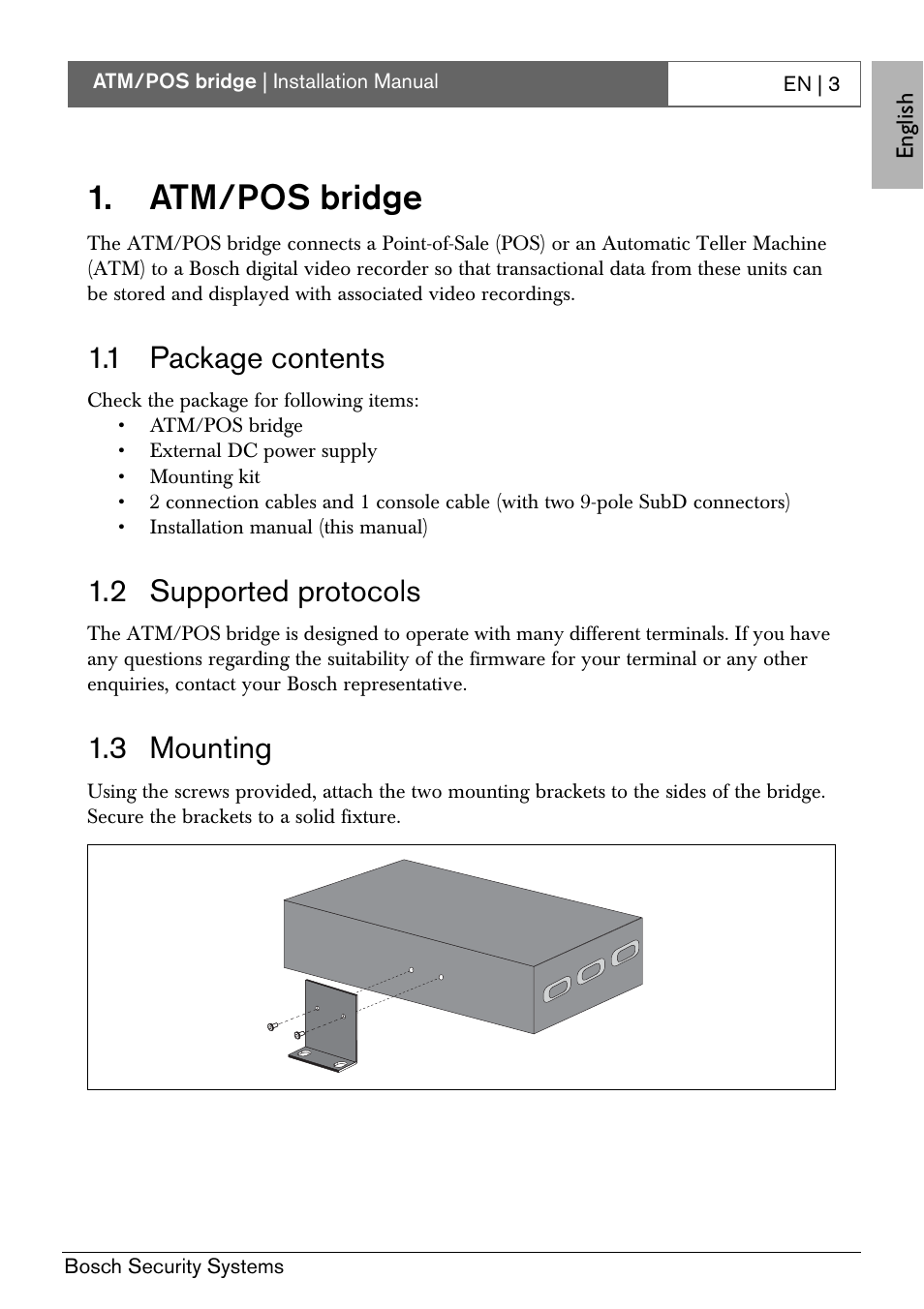 Atm/pos bridge, 1 package contents, 2 supported protocols | 3 mounting | Bosch ATM/POS Bridge User Manual | Page 9 / 22