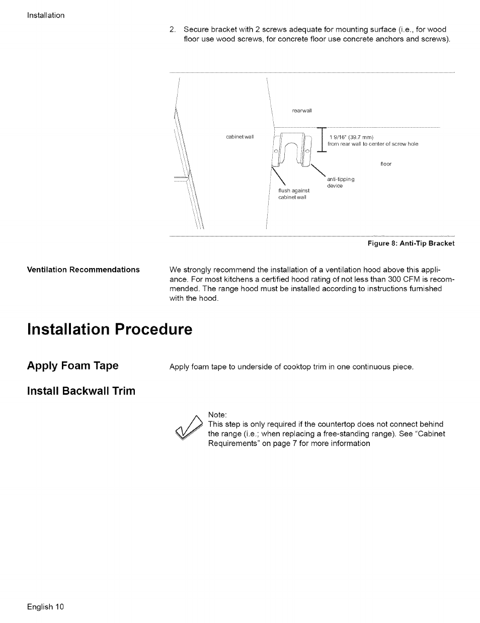 Installation procedure, Apply foam tape, Install backwall trim | Bosch L0609466 User Manual | Page 12 / 26