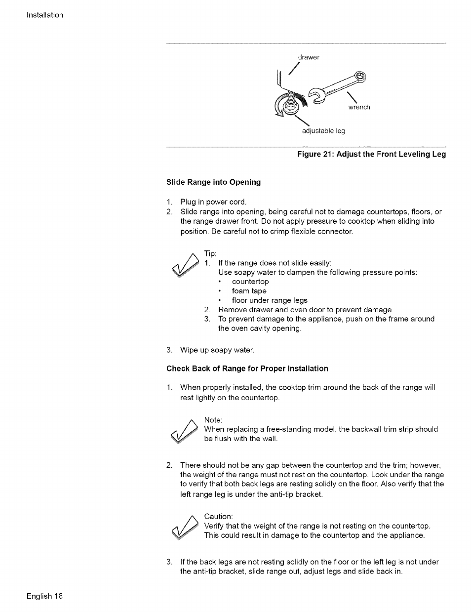 Slide range into opening, Figure 21: adjust the front leveling leg, Check back of range for proper installation | Bosch L0609466 User Manual | Page 20 / 26