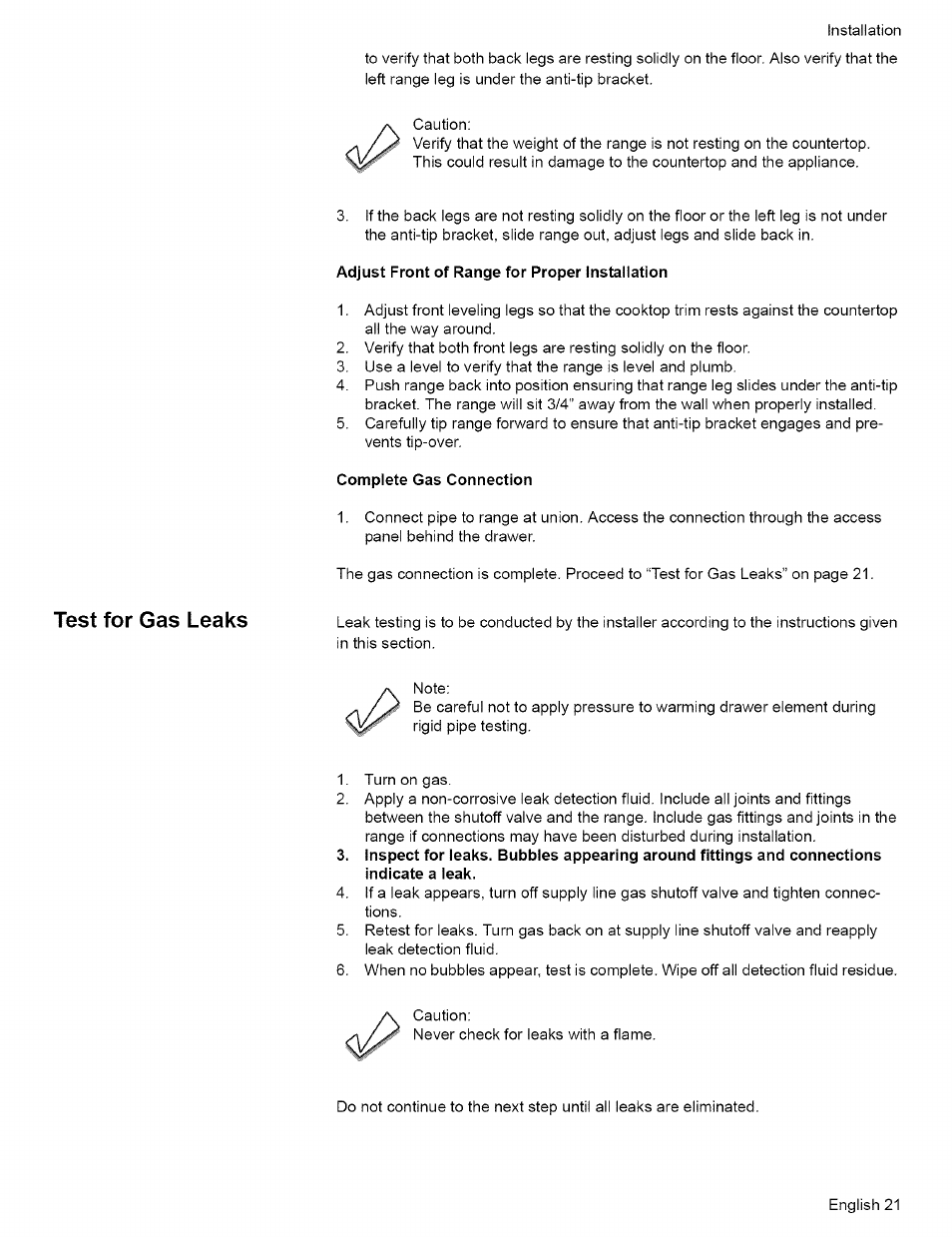 Adjust front of range for proper installation, Complete gas connection, Test for gas leaks | Bosch L0609466 User Manual | Page 23 / 26