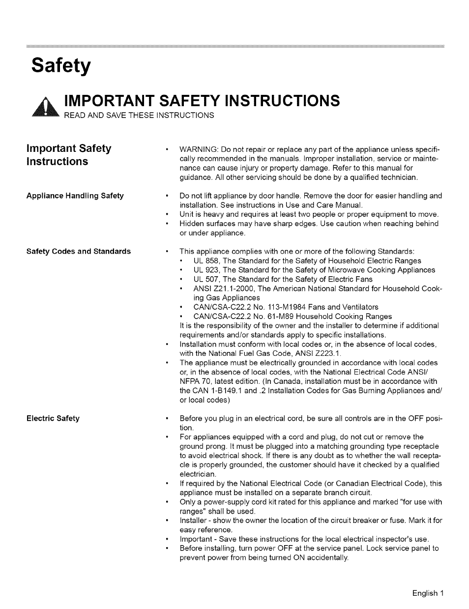 Safety, Important safety instructions, Appliance handling safety | Safety codes and standards, Electric safety, Safety a | Bosch L0609466 User Manual | Page 3 / 26