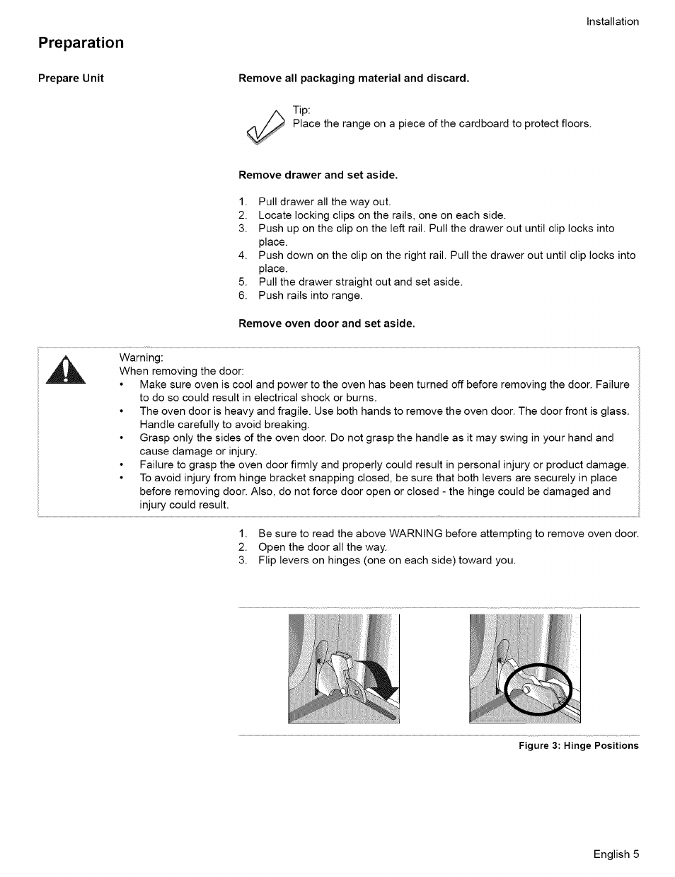 Prepare unit, Remove all packaging materiai and discard, Remove drawer and set aside | Remove oven door and set aside, Preparation | Bosch L0609466 User Manual | Page 7 / 26