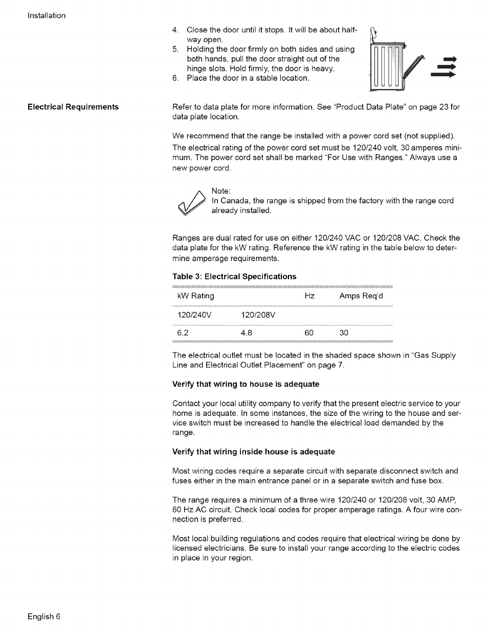 Table 3; electrical specifications, Verify that wiring to house is adequate, Verify that wiring inside house is adequate | Bosch L0609466 User Manual | Page 8 / 26