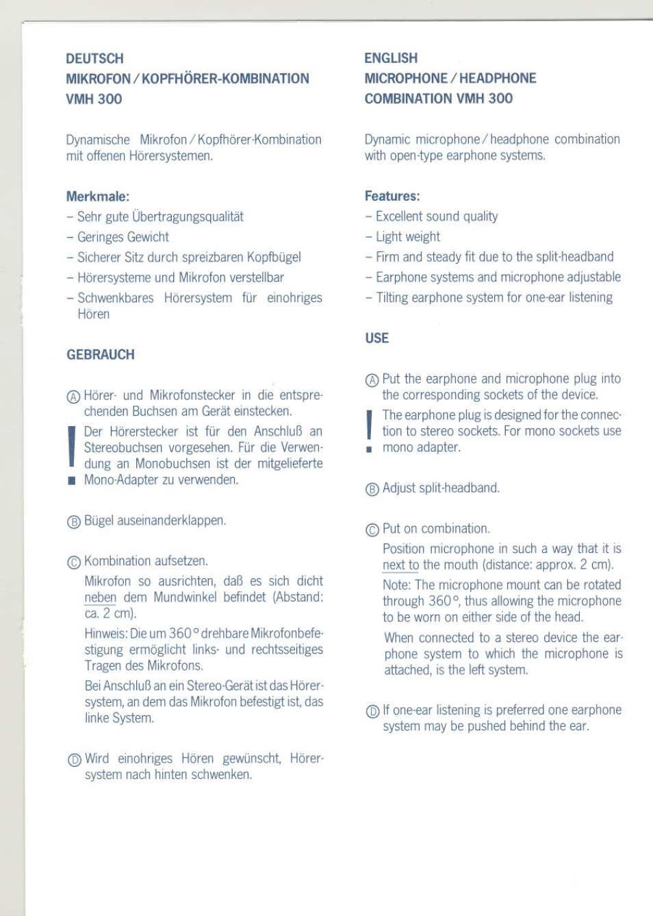 Metlmiale | Bosch BAUERBOSCH Microphone/Headphone Combination VMH 300 User Manual | Page 3 / 8