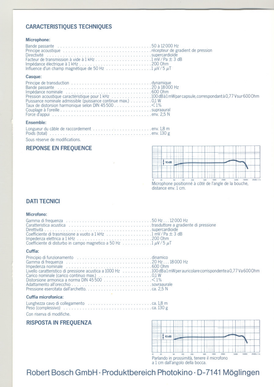 L^rv/5/it, Reponse en frequence, Dati tecnici | Risposta in frequenza | Bosch BAUERBOSCH Microphone/Headphone Combination VMH 300 User Manual | Page 7 / 8