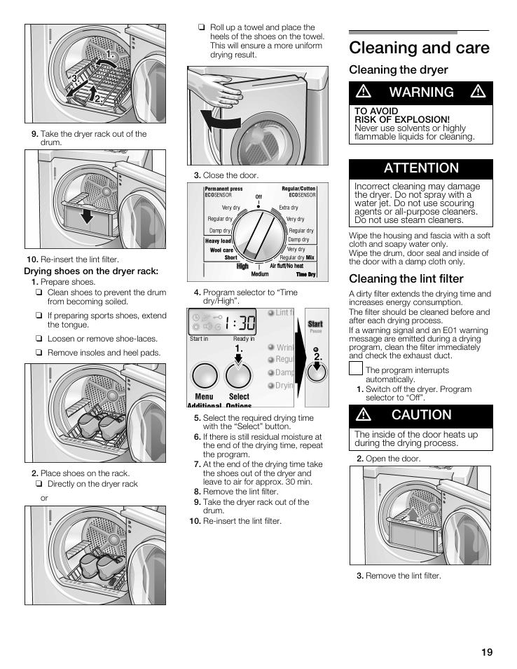 Drying shoes on the dryer rack, Cleaning and care, Cleaning the dryer | A warning a, To avoid, Risk of explosion, Attention, Cleaning the lint filter, A caution, Gieaning the dryer gieaning the iint fiiter | Bosch WTMC8321US/CN User Manual | Page 19 / 72
