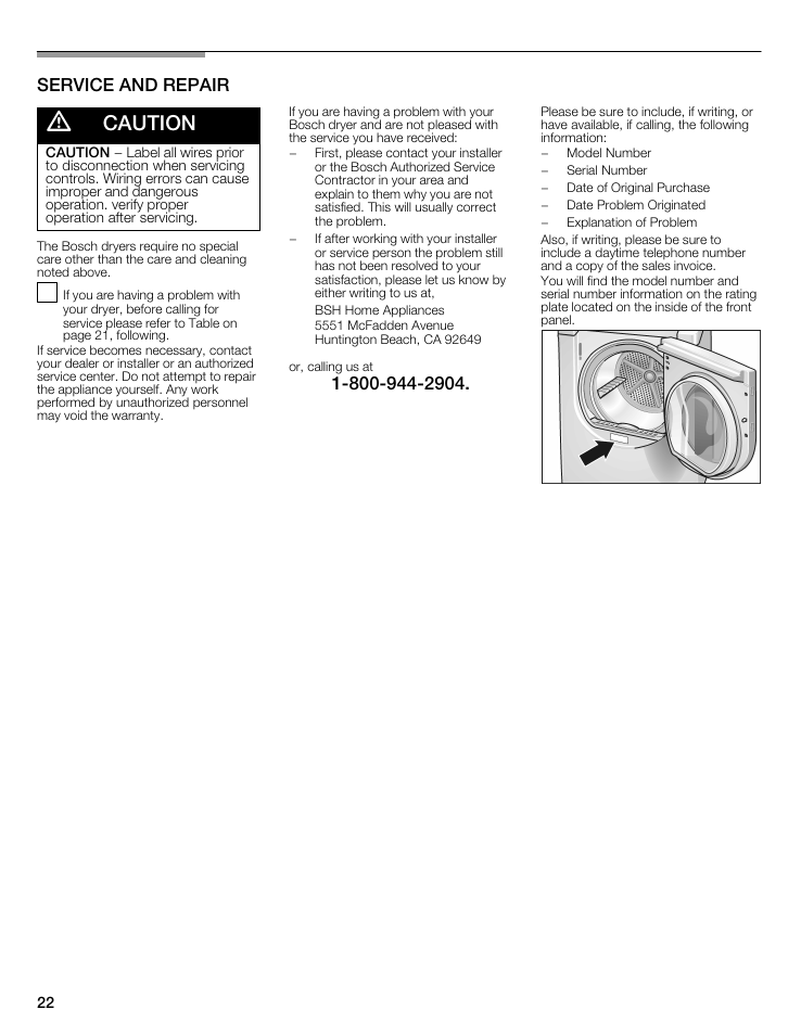 Service and repair, A caution | Bosch WTMC8321US/CN User Manual | Page 22 / 72