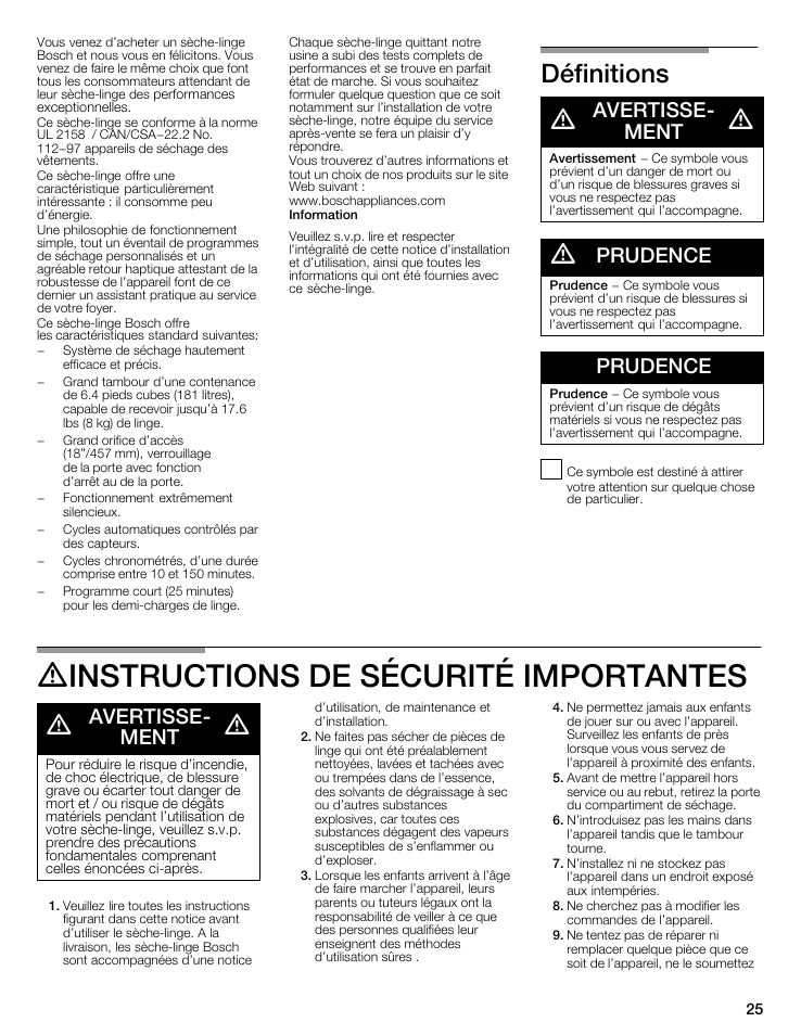 Définitions, A avertisse- a ^ ment a, A prudence | Prudence, Ainstructions de sécurité importantes, A avertisse- a a ment a, Definitions, Instructions de sécurité importantes, A avertisse- a ^ ment, Avertisse | Bosch WTMC8321US/CN User Manual | Page 25 / 72