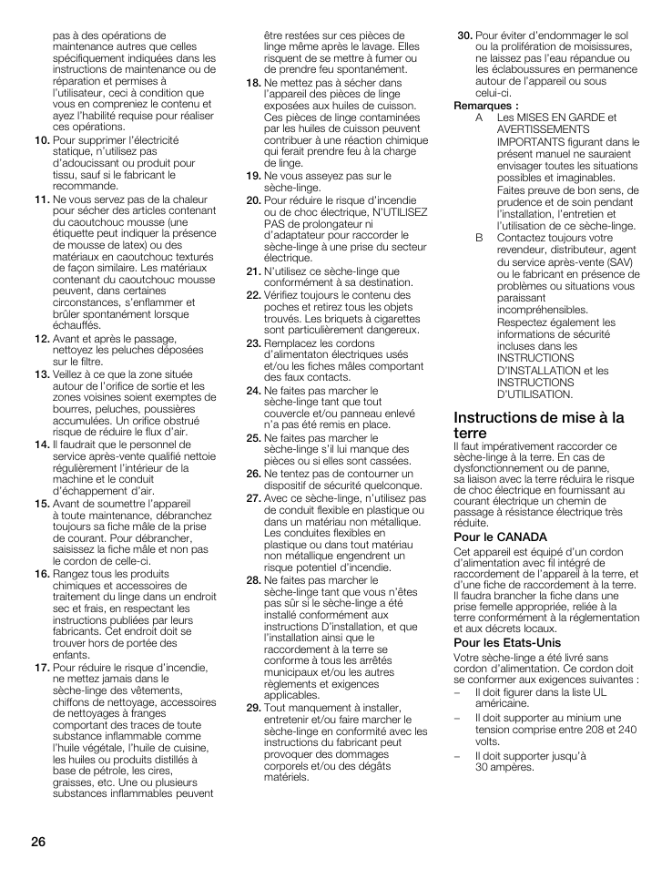 Instructions de mise à la terre, Pour le canada, Pour les etats-unis | Instructions de mise à ia terre | Bosch WTMC8321US/CN User Manual | Page 26 / 72