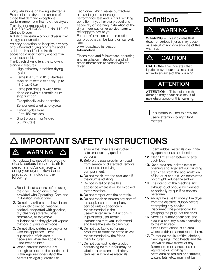 Definitions, A warning a, A caution | Attention, A important safety instructions, Important safety instructions, A important safety instructions a, Caution, Warning | Bosch WTMC8321US/CN User Manual | Page 3 / 72