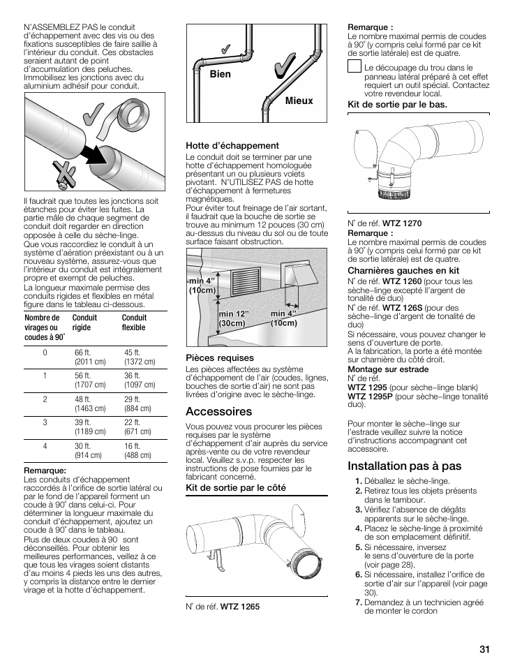 Hotte d’échappement, Pièces requises, Accessoires | Charnières gauches en kit, Installation pas à pas, Instaiiation pas à pas | Bosch WTMC8321US/CN User Manual | Page 31 / 72