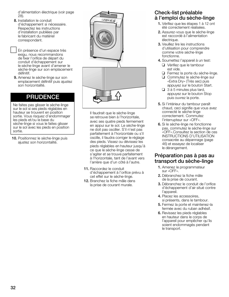 Check-list préalable à l’emploi du sèche-linge, Préparation pas à pas au transport du sèche-linge, Prudence | Bosch WTMC8321US/CN User Manual | Page 32 / 72