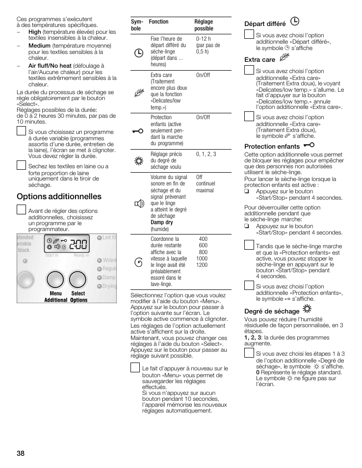 Options additionnelles, Extra care, Protection enfants | Sym­ fonction réglage bole possible, Damp dry | Bosch WTMC8321US/CN User Manual | Page 38 / 72