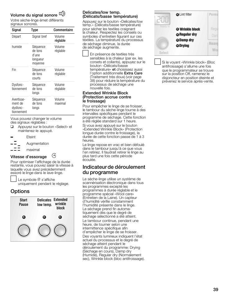 Options, Delicates/low temp. (délicats/basse température), Indicateur de déroulement du programme | Indicateur de dérouiement du programme, Signal type commentaire, Réglable | Bosch WTMC8321US/CN User Manual | Page 39 / 72
